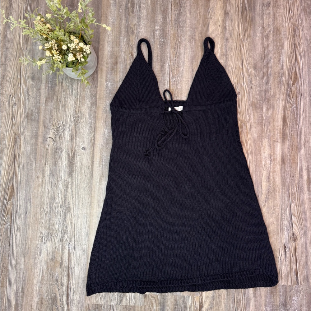 Zara Womens Knit Navy Dark Blue Mini Low Cut Tank V Neck Cover Up Dress Large